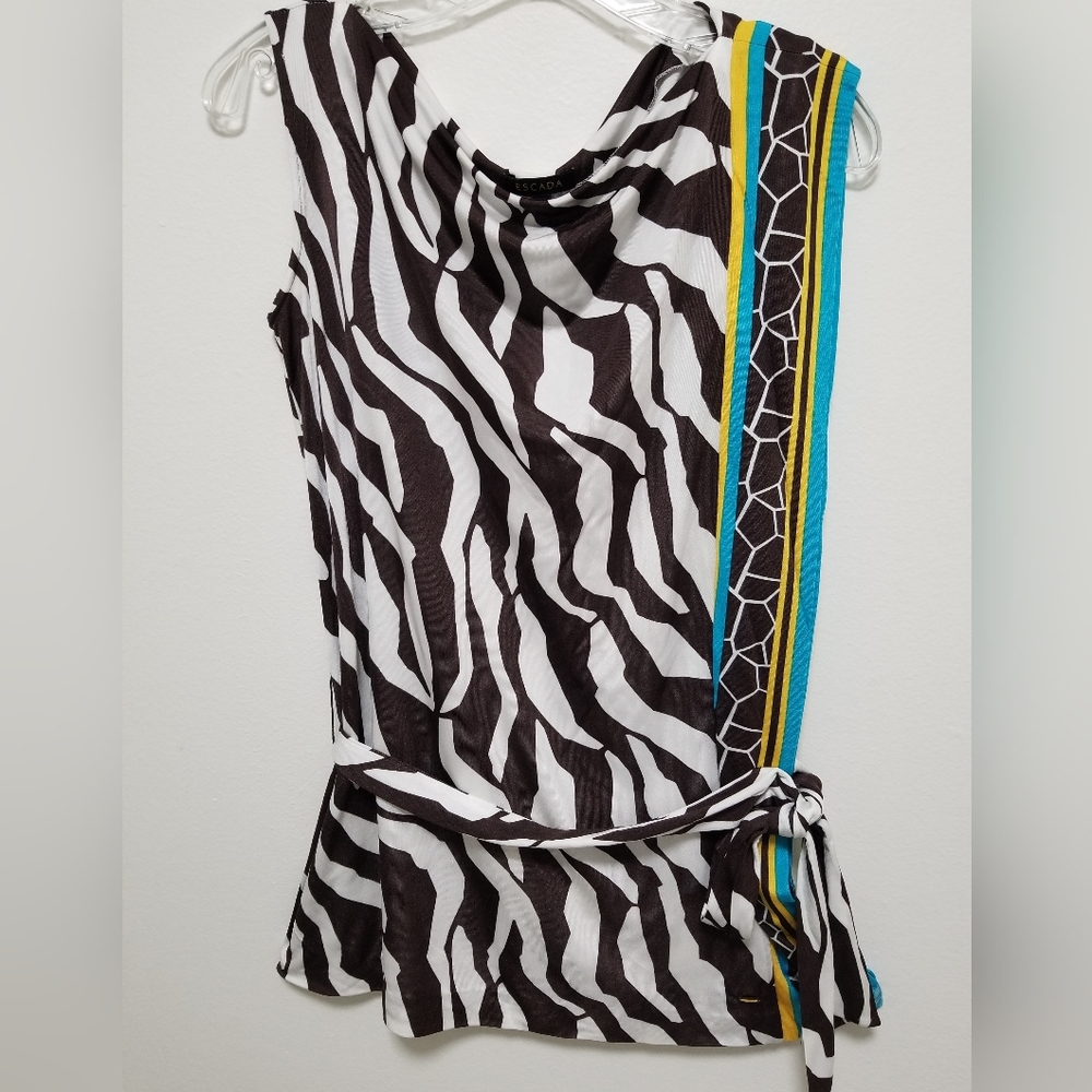 Escada Brown Animal Print Combo Jersey Blouse Belted Sleeveless Size Small - Picture 1 of 12